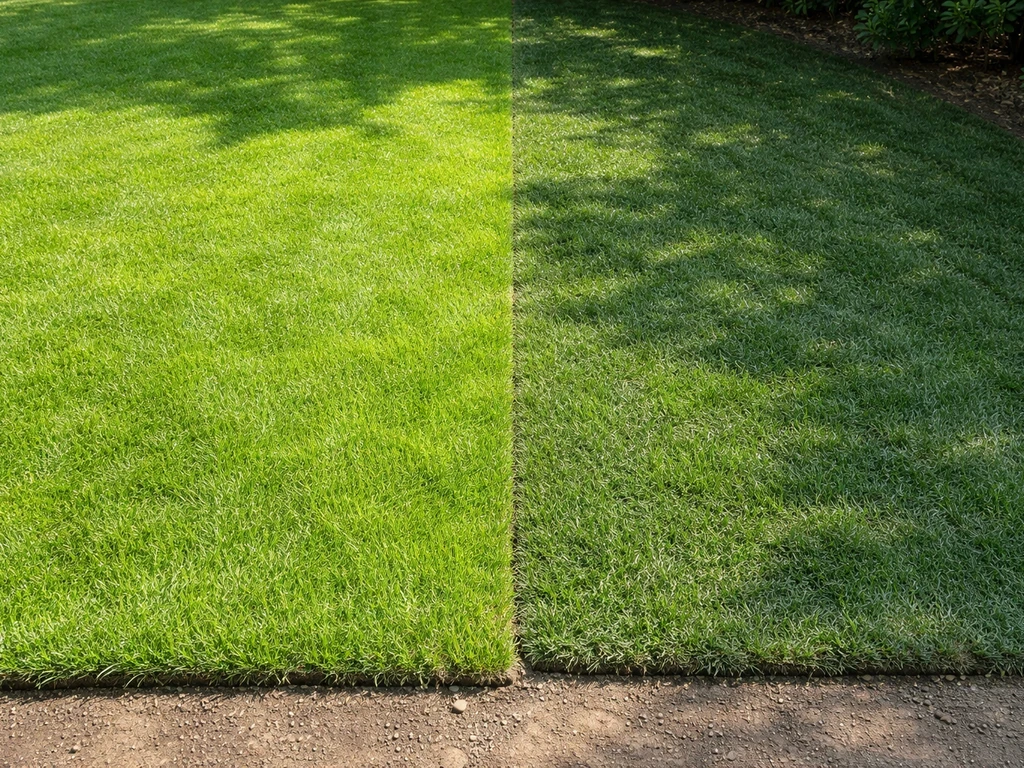 Comparaison côte à côte : gazon plus dense et vert vif au soleil, rendu plus mat en mi-ombre/ombre.