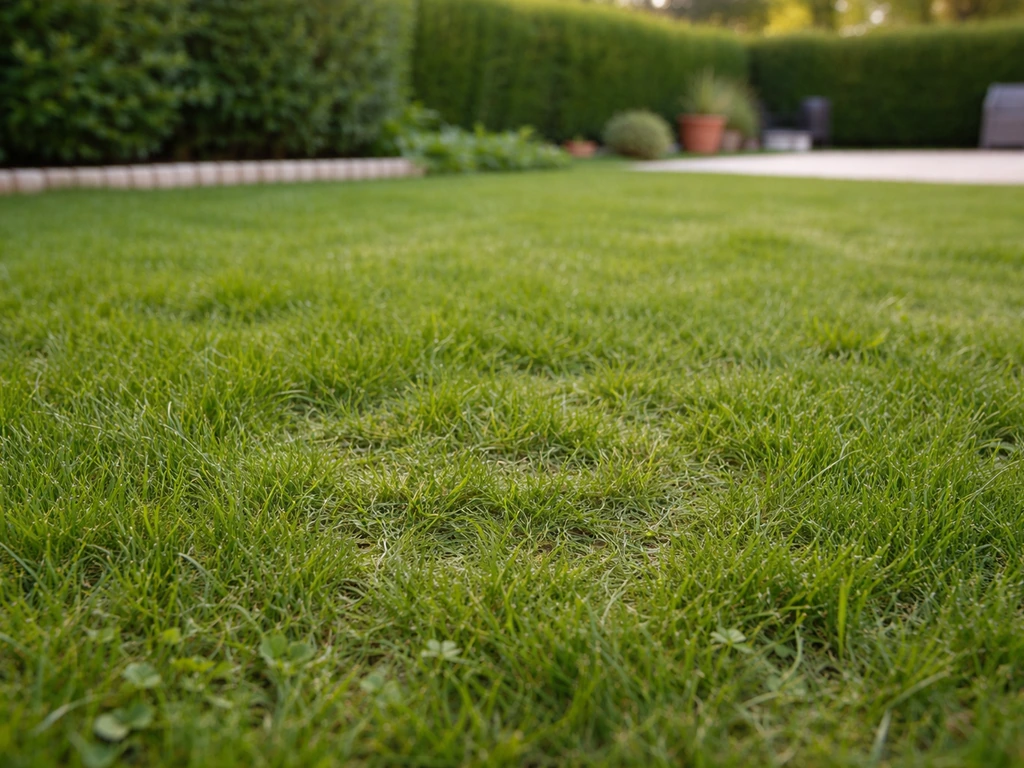 Pelouse naturelle verte avec de légères traces de piétinement, montrant une herbe bien enracinée et résiliente.