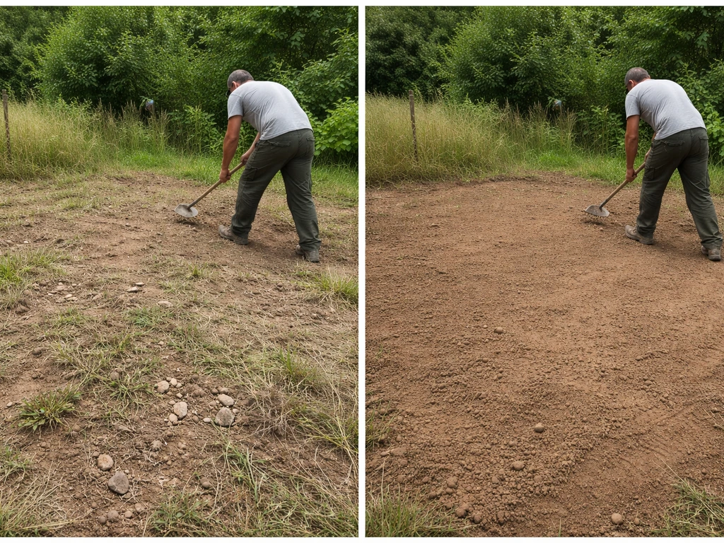 Terrain avant/après : débroussaillage, retrait des cailloux et nivellement par un ouvrier de dos.