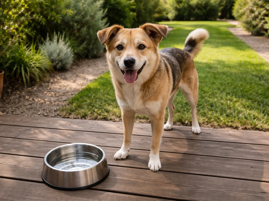 Chien au jardin près d’une gamelle d’eau, avec un gazon à protéger en arrière-plan.