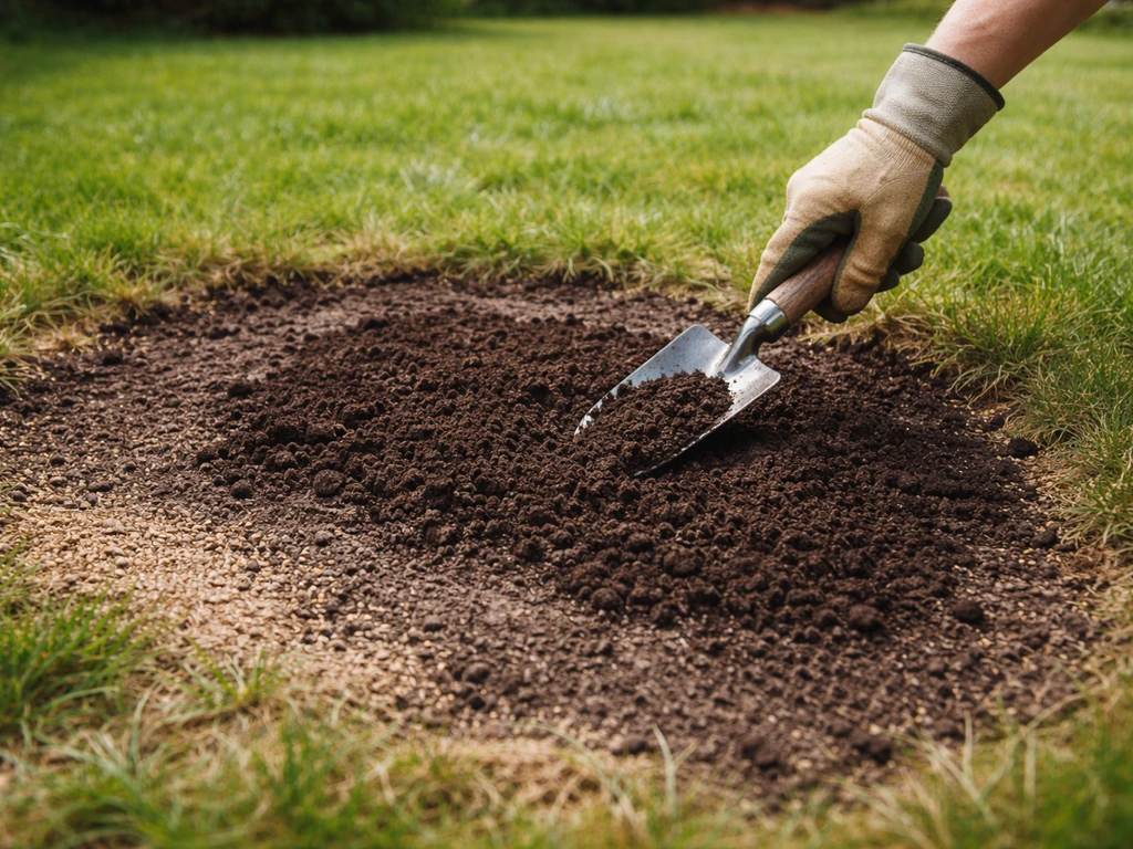 Jardinier anonyme réparant une pelouse brûlée : terreau et graines visibles sur une zone mise à nu.