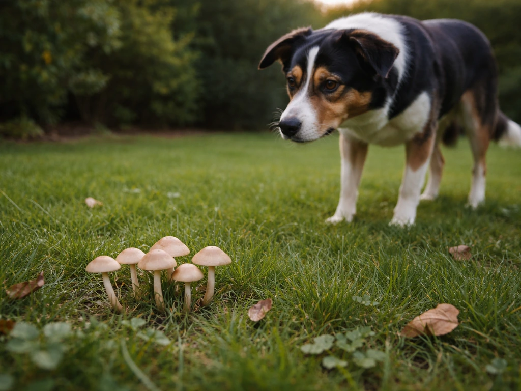 Chien au bord d’un gazon avec des champignons visibles, l’animal détourne le museau, ambiance d’alerte.