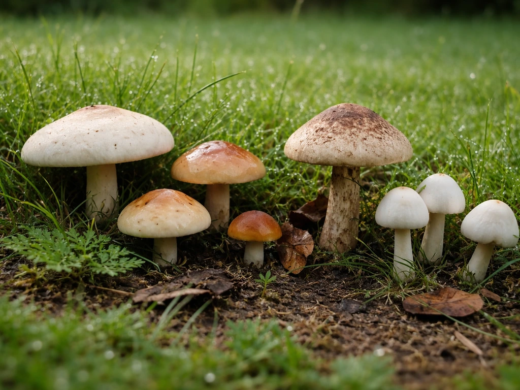 Plusieurs champignons sauvages de couleurs variées sur une pelouse humide, évoquant un risque d’ingestion par un chien.