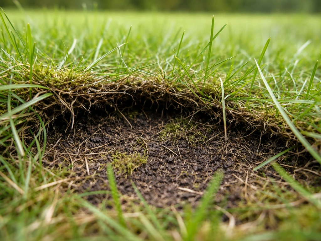 Gros plan sur un feutrage sombre au pied de l’herbe, herbe soulevée et sol humide visible.