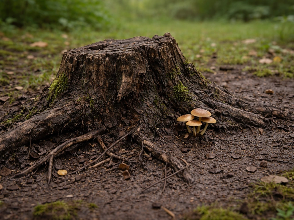 Vieille souche décomposée dans la terre, avec quelques champignons poussant près du bois enterré.