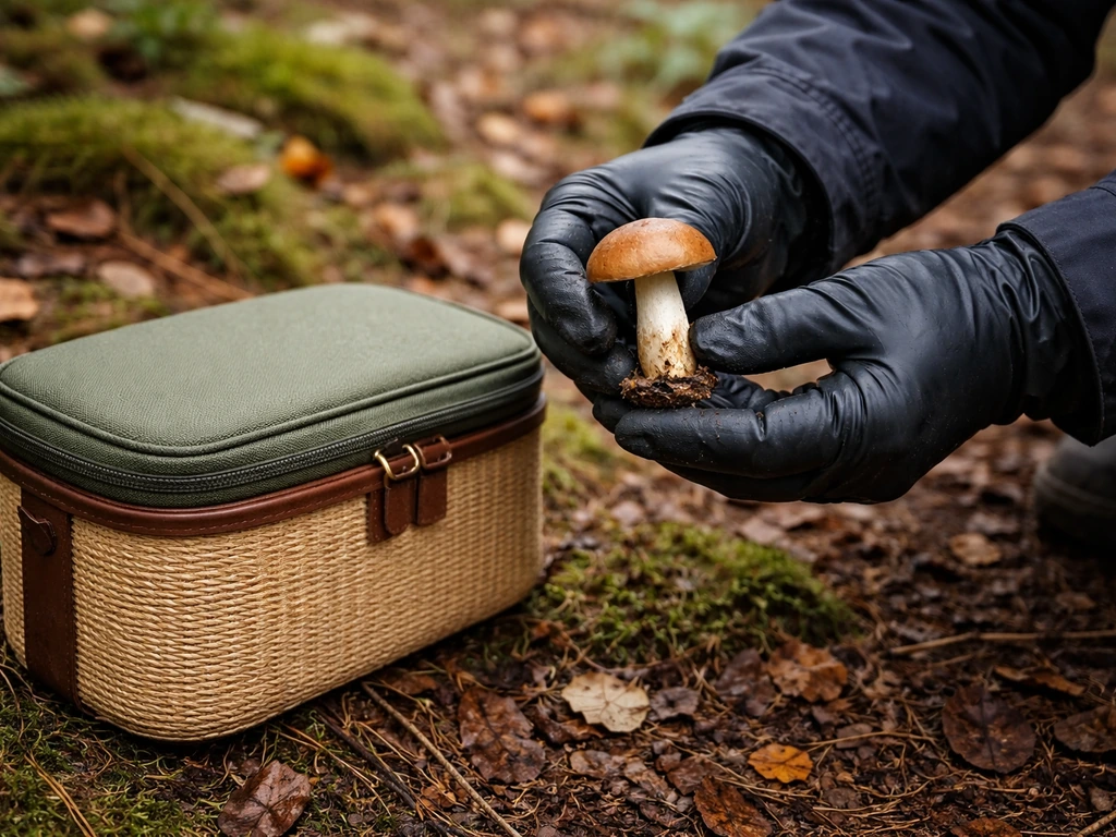 Main gantée cueillant un champignon entier et le déposant dans un contenant fermé près d’un sous-bois.