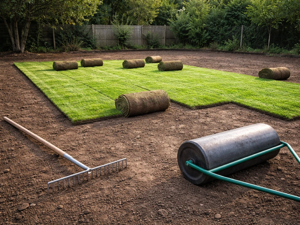 Chantier de pose de gazon sur terre : rouleaux fraîchement déroulés, outils de jardin et terre bien préparée.