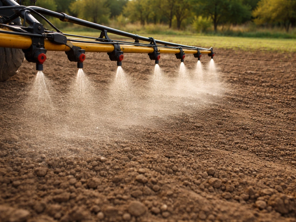 Pulvérisateur à rampe appliquant un herbicide sur un sol nu, prêt pour un désherbage préalable.