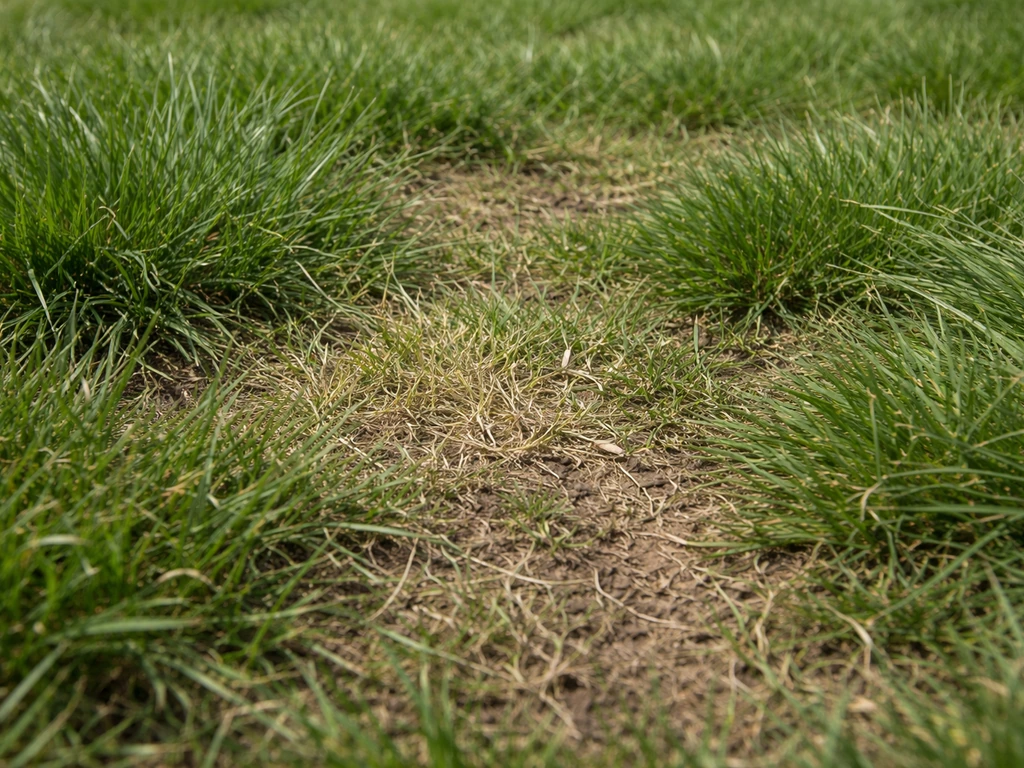 Gros plan d’une pelouse avec zones d’herbe étiolée et brins “cheveux” pour illustrer l’inspection.