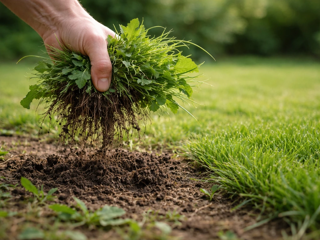 Main en train d’arracher une touffe de mauvaises herbes avec les racines, près d’herbe saine.