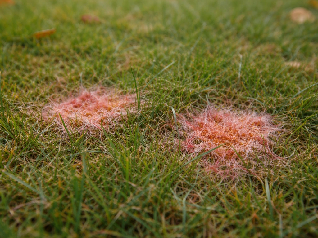 Gazon avec plaques rosées-orangées et brins portant de fins filaments rouges, vue rapprochée au sol.