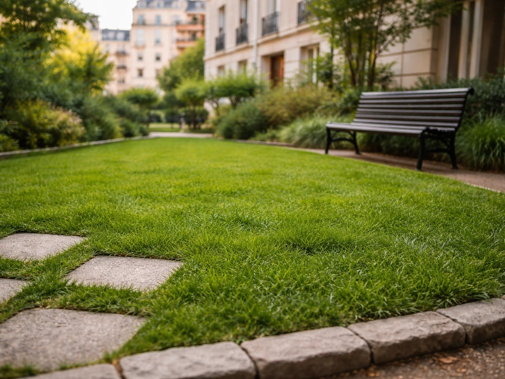 Pelouse urbaine dense dans un jardin de ville au pied d’un immeuble, bordure en pierre et ambiance réaliste.