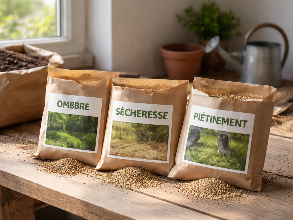Sachets de semences de gazon urbain sur une table, avec étiquettes lisibles pour ombre, sécheresse et piétinement.