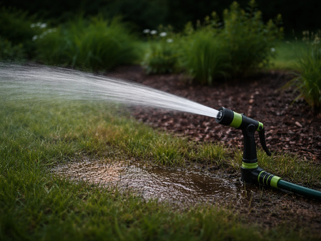 Arroseur en soirée projetant de l’eau sur une pelouse, sol fraîchement humidifié, ambiance naturelle.