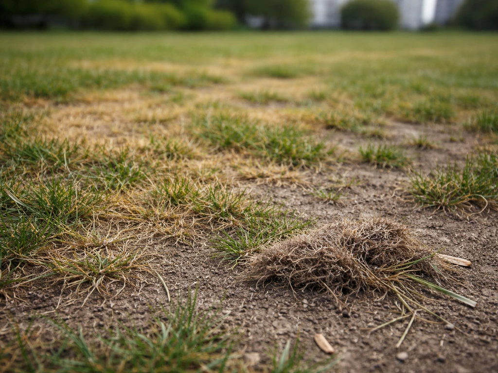 Gros plan d’une pelouse urbaine jaunie et brune avec traces de feutrage et sol visible.