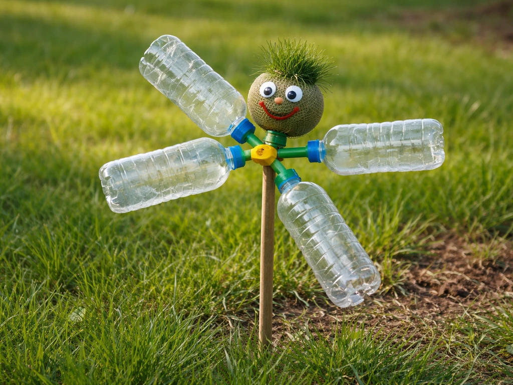 Bonhomme gazon bouteille en bouteilles plastiques sur une pelouse, capte le vent dans un jardin.