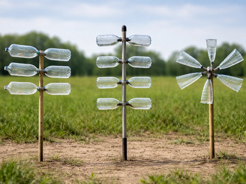 Trois épouvantails en bouteilles éoliennes : piquet, axe vertical et bouteilles découpées, en vue comparée.