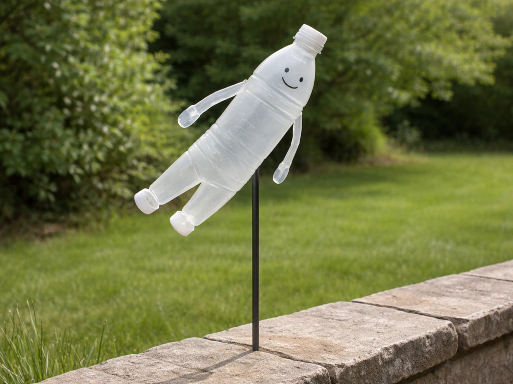 Bonhomme bouteille sur un piquet, installé en hauteur dans un jardin, orienté au vent avec ciel en arrière-plan.