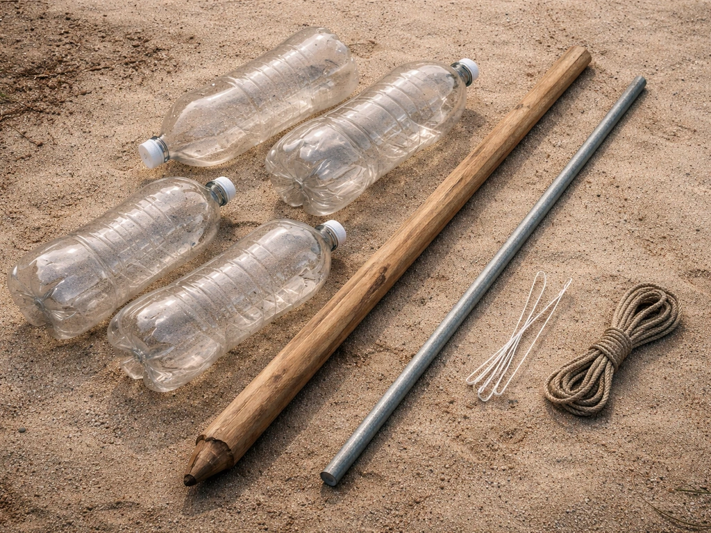 Bouteilles en plastique vides, piquet en bois et tige galvanisée posés à plat, prêts pour la fabrication.