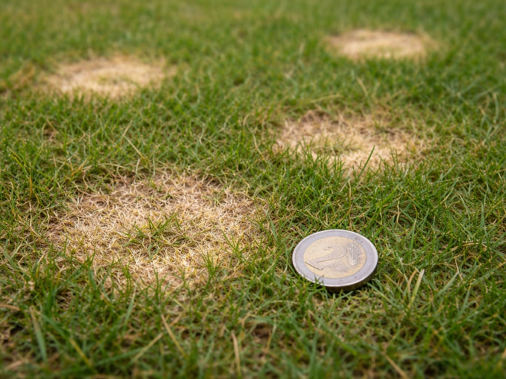 Gros plan sur une pelouse avec des taches pâles rondes ressemblant à des “dollar spots”