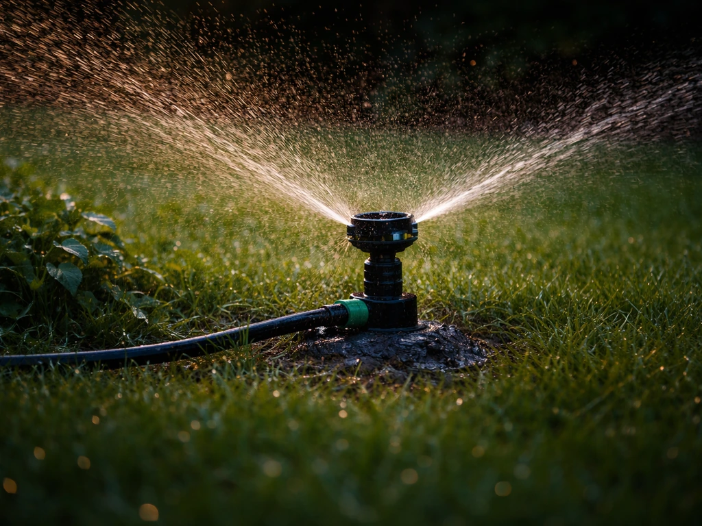 Arroseur de pelouse arrosant le soir, feuillage humide et texture de gazon en premier plan.