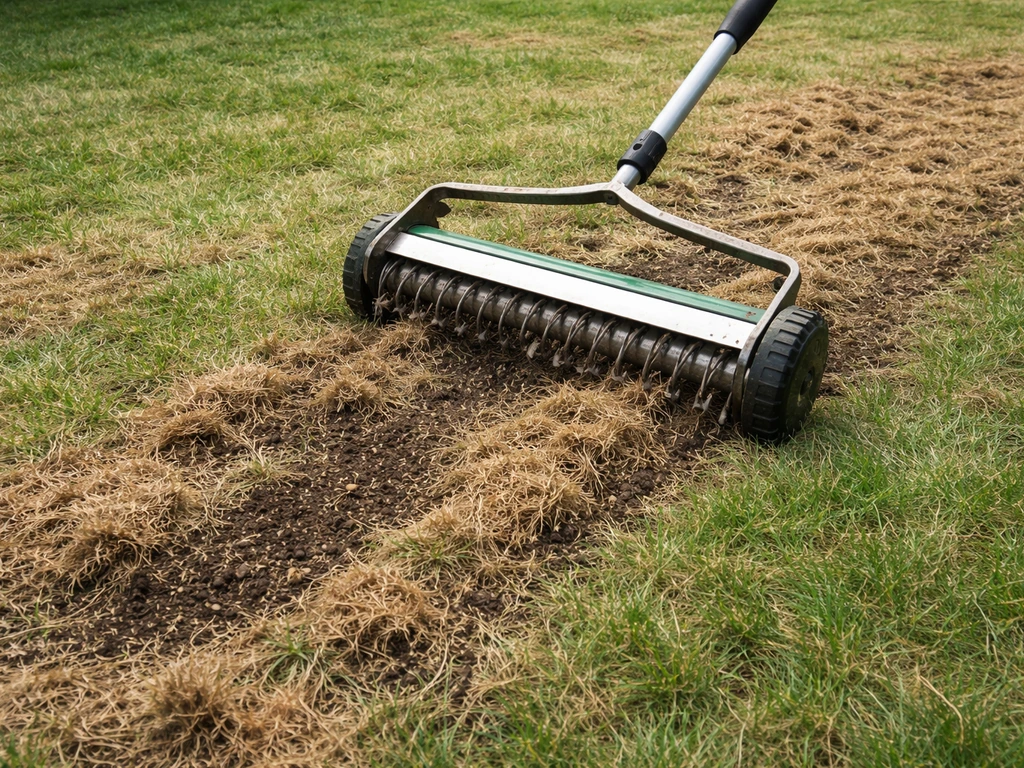 Pelouse avec chaume et sol compacté, outils de scarification aérant la terre, lumière naturelle.