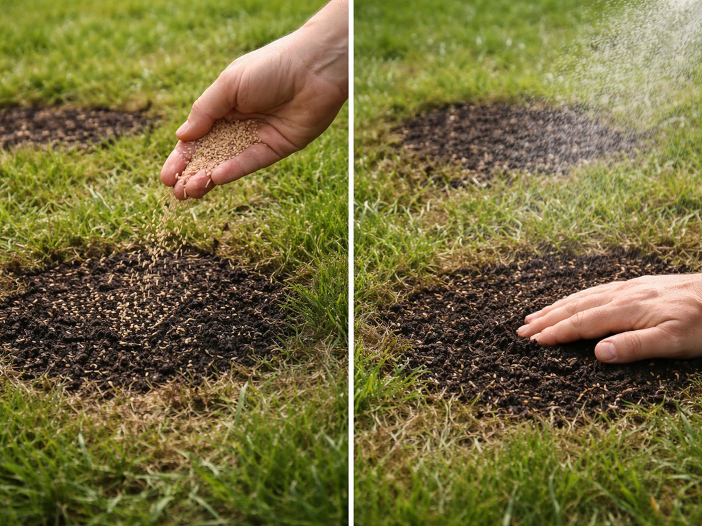 Main en train de répandre des graines et recouvrir légèrement une zone de pelouse nue, arrosage fin.