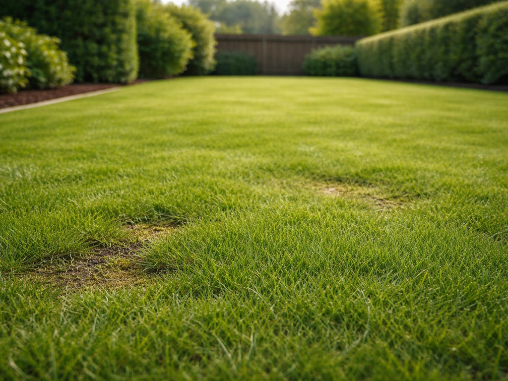Petit gazon résidentiel vert avec bordures nettes et quelques zones discrètes à regarnir, jardin calme.