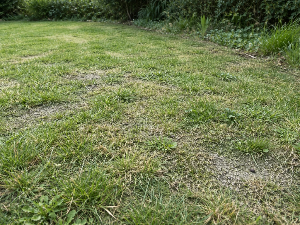 Petit gazon montrant zones clairsemées, bordures envahies et traces de mousse, vu au ras du sol.