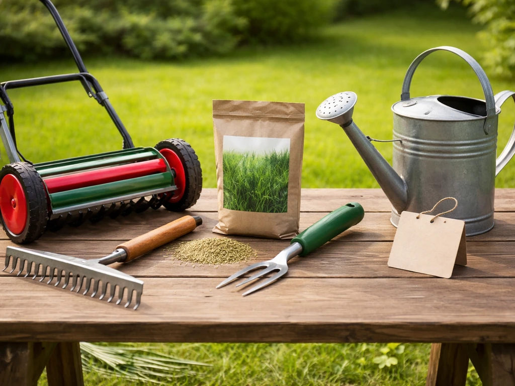 Outils de jardin pour pelouse (tondeuse, râteau, semences, désherbeur) sur une table, étiquette vierge de suivi.