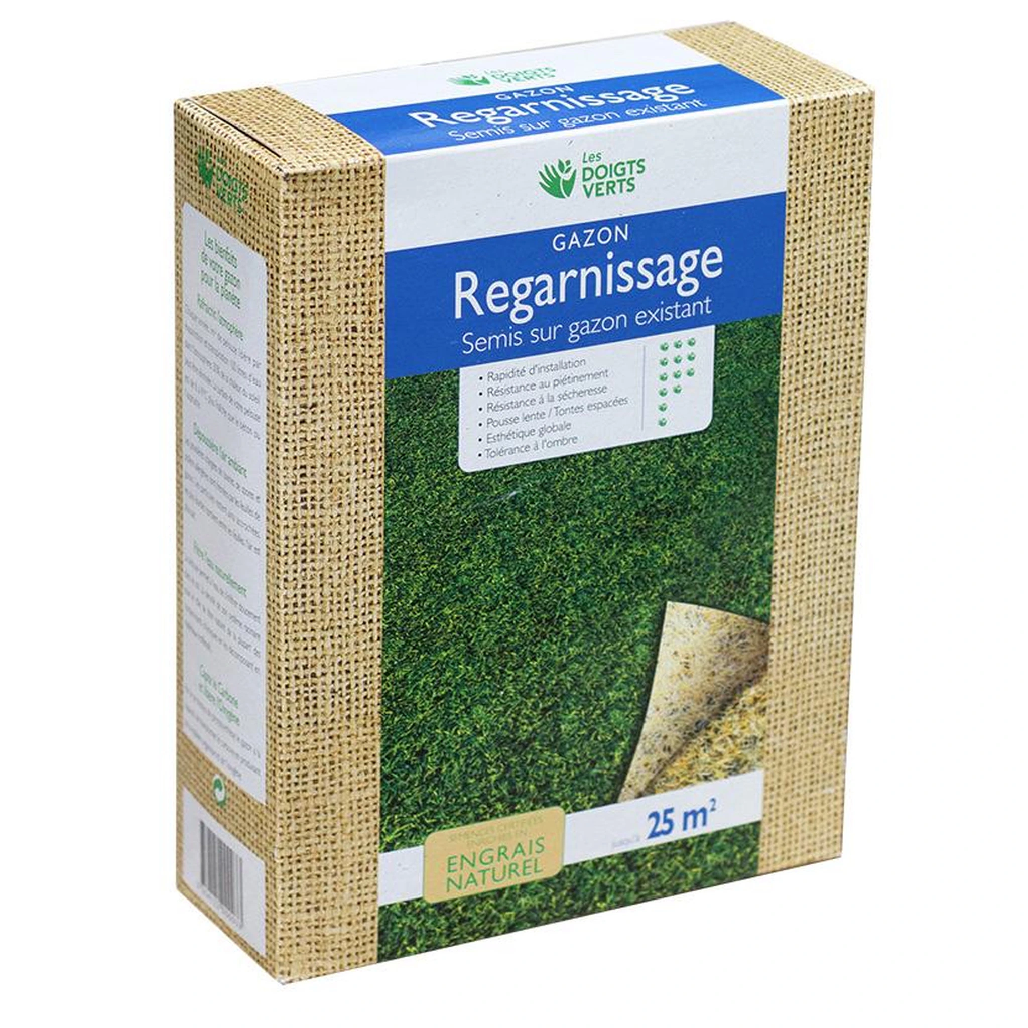 Boîte de semences de gazon Les Doigts Verts pour regarnissage, présentée en pack produit sur fond blanc.