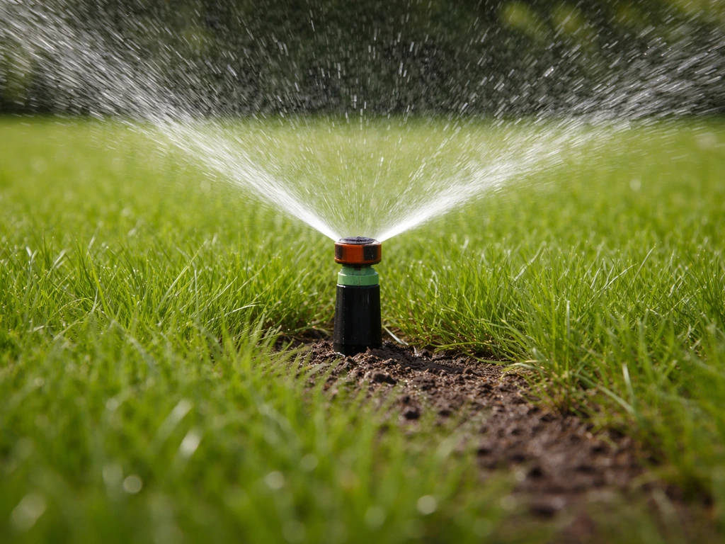 Arroseur au pied du gazon, jet d’eau pénétrant le sol, arrosage profond et raisonné.