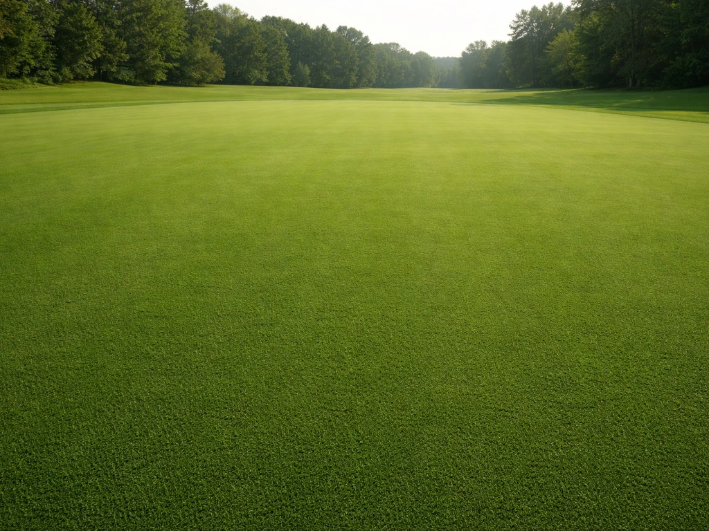 Green de golf au tapis dense, tondu très court, aspect velouté et parfaitement plat, lumière naturelle.