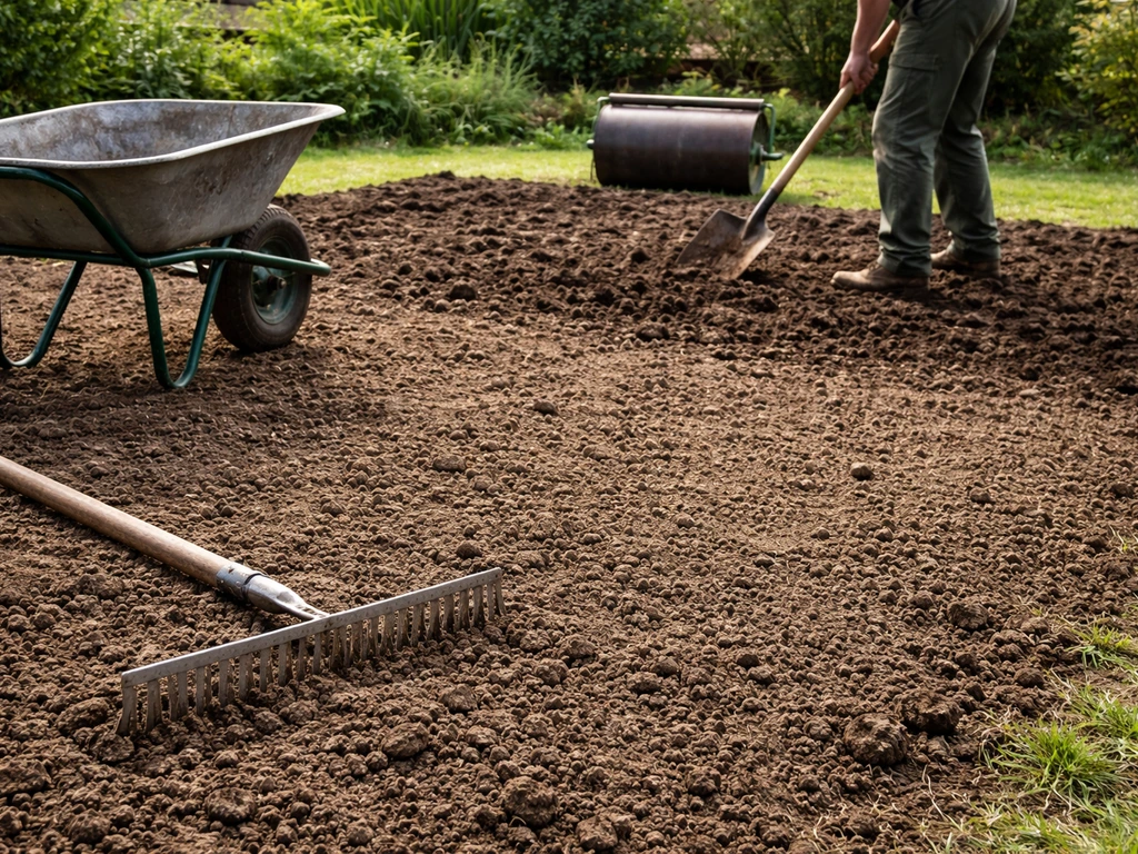 Jardinier préparant un sol de gazon nivelé, terre décompactée et surface ratissée avant semis et roulage.