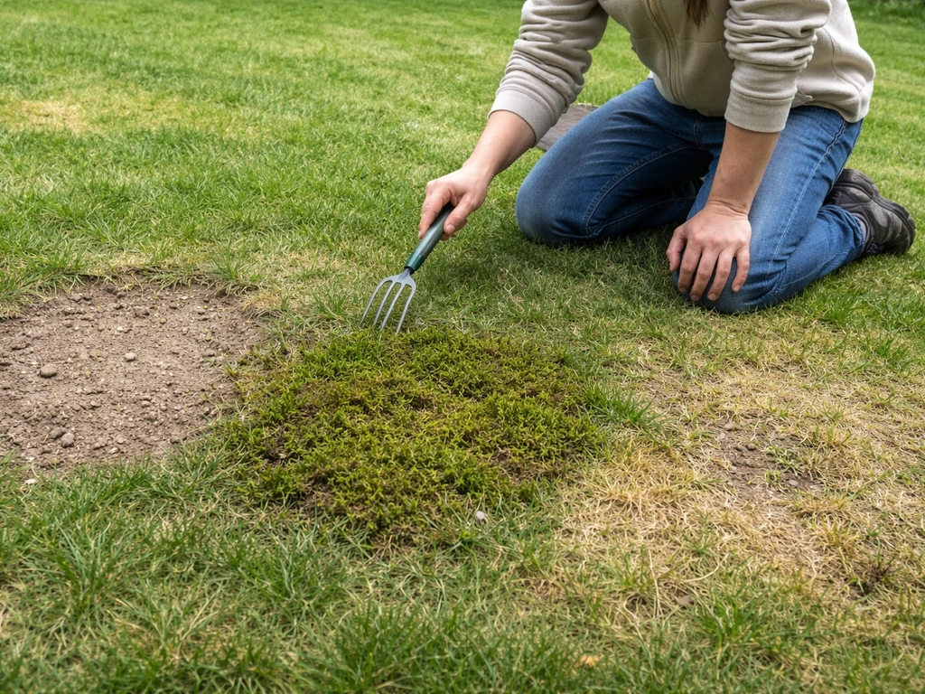 Personne anonyme inspectant une pelouse, zones dénudées, mousse et herbe jaunâtre visibles au sol