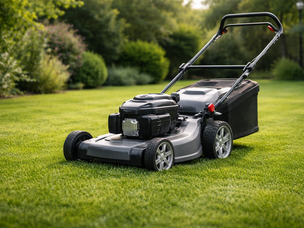 Tondeuse réglée à la bonne hauteur sur une pelouse, coupe d’herbe nette et régulière