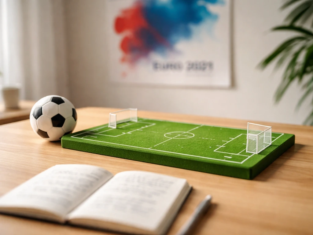 Terrain de fantasy football miniature sur une table, ballon à côté, ambiance Euro 2021 en arrière-plan.