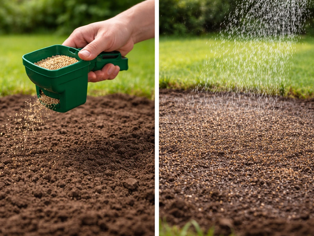 Main utilisant un semoir à graines sur une terre préparée, recouvrement léger et arrosage en pluie fine.