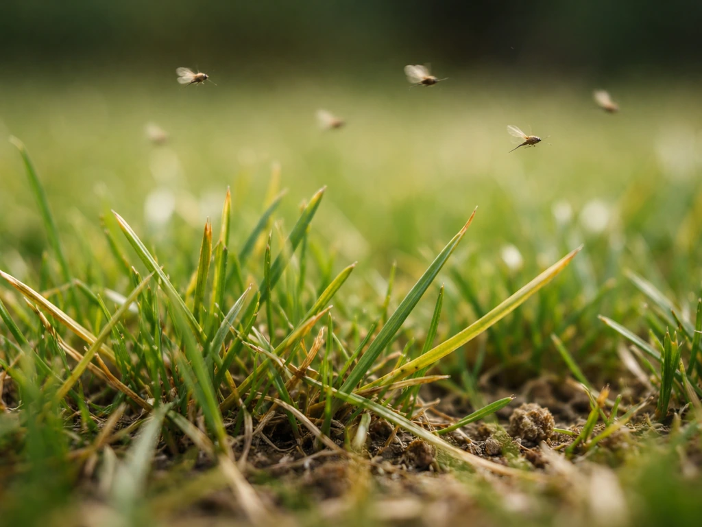 Gazon avec petites mouches en vol au-dessus de l’herbe et légère jaunisse évocatrice d’infestation.