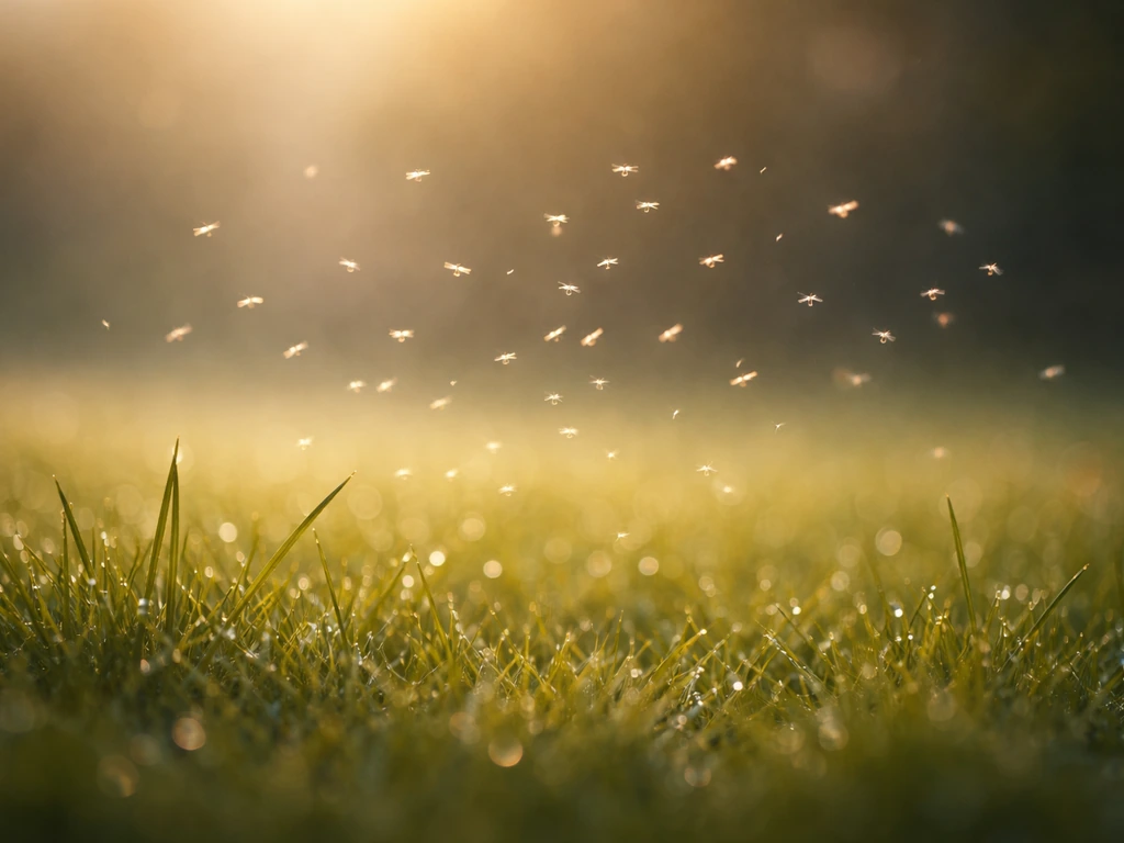 Nuée de petits moucherons en vol au-dessus d’un gazon, à l’aube, lumière douce et ambiance naturelle.