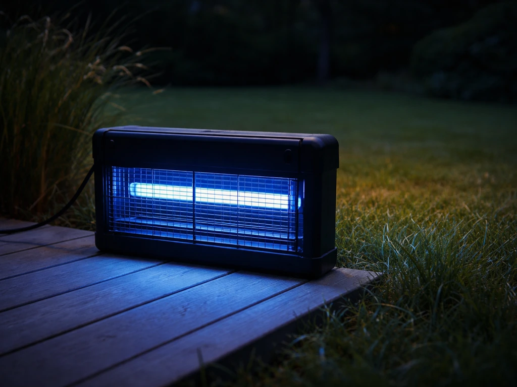 Piège lumineux UV près de la pelouse, installé en périphérie du jardin au crépuscule, soir.