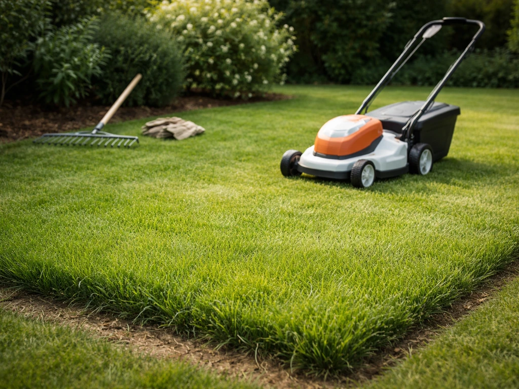 Tondeuse et outils sur une pelouse verte, brins d’herbe au premier plan, jardin minimal.