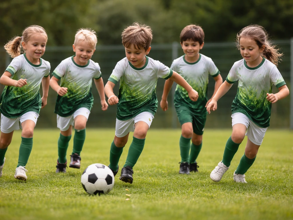 Enfants jouant au football sur un mini-terrain en herbe, ambiance club de quartier