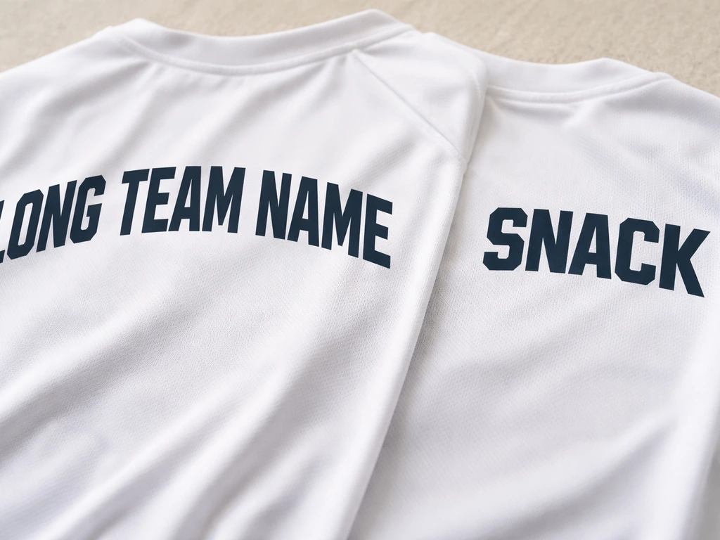 Deux flocages sur un maillot : nom d’équipe long à gauche et surnom court plus lisible à droite.