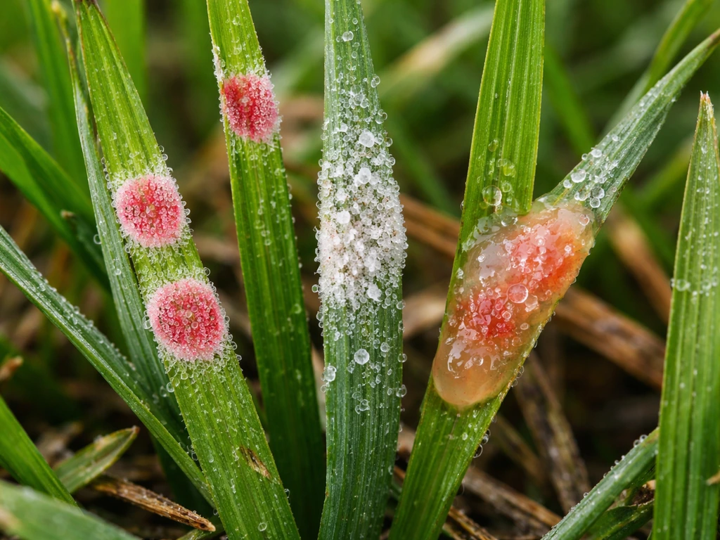 Gros plan de brins d’herbe avec plusieurs taches rougeâtres, aspect poudreux et gélatineux, pour comparer