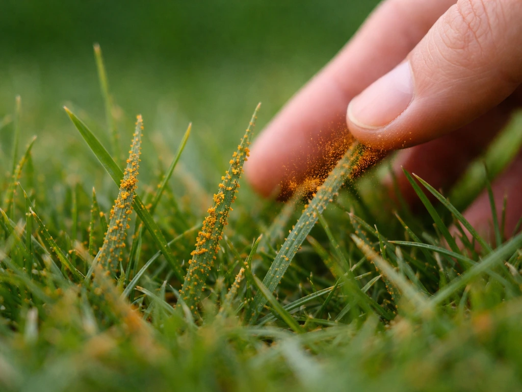 Gros plan sur des pustules rousses et poudreuses de rouille sur des brins d’herbe, main légère à côté.