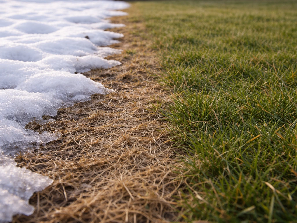 Herbe brunie et sèche près de neige fondante, avec une zone verte adjacente intacte