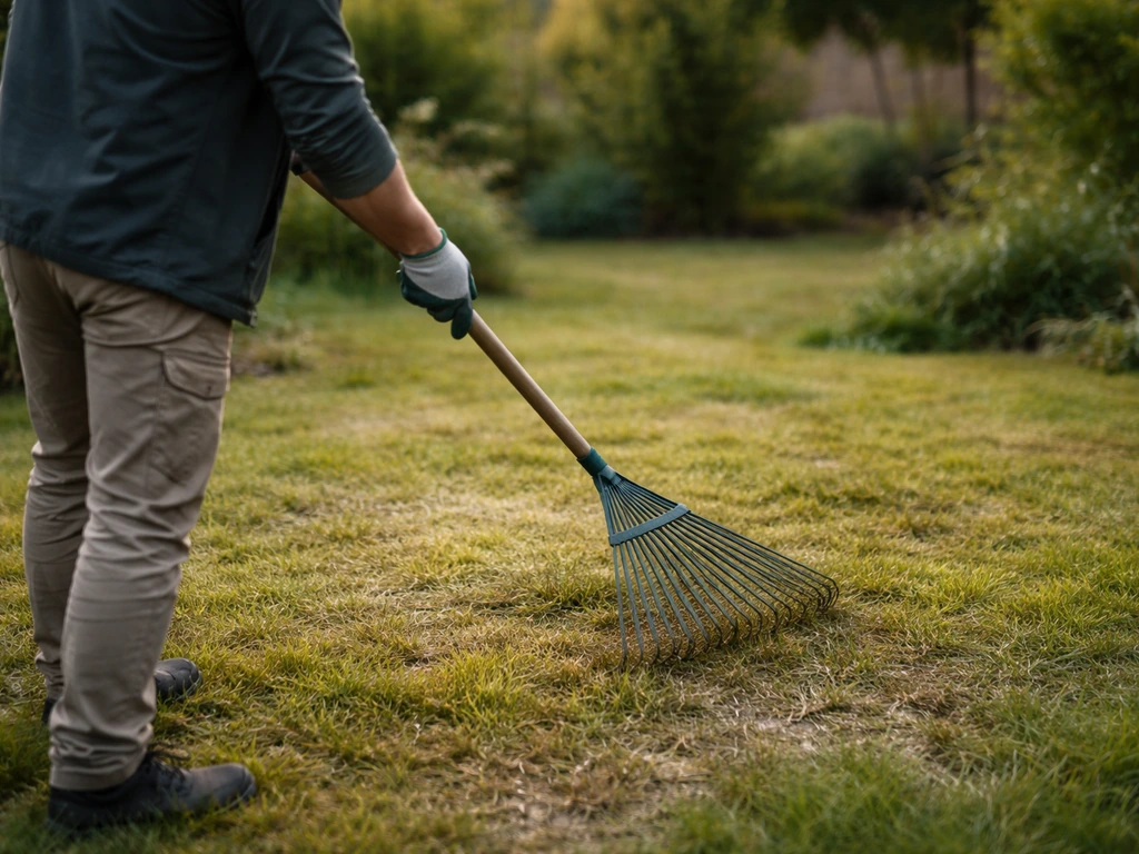 Jardinier anonyme qui ratisse légèrement une pelouse humide pour décoller l’herbe aplatie