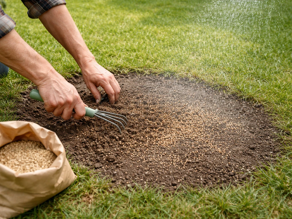 Jardinier griffe légèrement une zone de gazon dénudée, puis répand terreau/sable et semences avec arrosage discret.