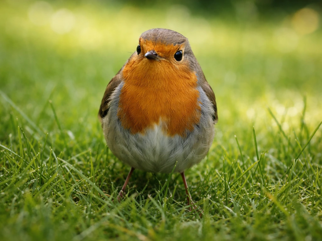 Petit oiseau posé sur une pelouse verte, vue rapprochée, ambiance nature et énigme.